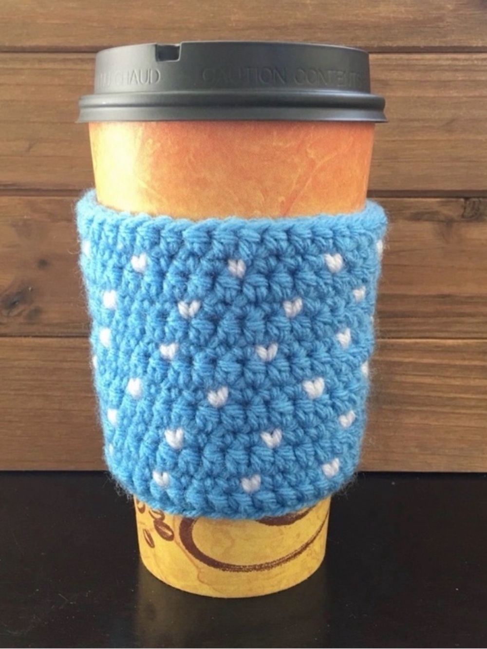 Hand-Crocheted Blue Coffee Cozy with White Mini Hearts
